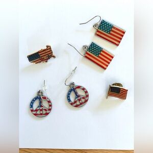 USA American flag themed costume dangle earrings and pins
